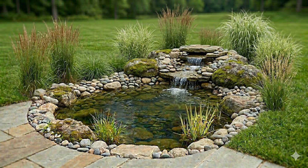 Backyard koi pond with rock edging