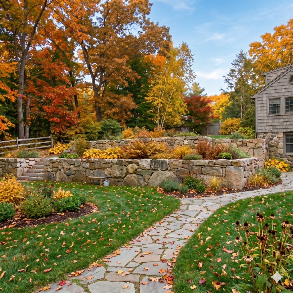 Natural stone retaining walls with terraced beds