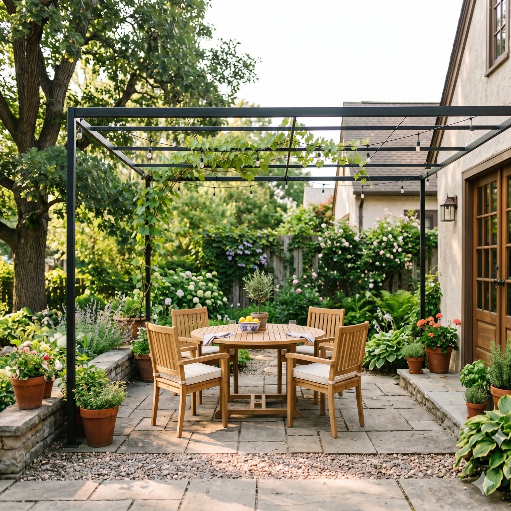 Stone patio with pergola and outdoor dining